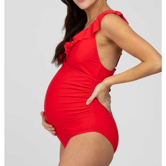 Pinkblush Red Ruffled V-Neck One Piece Maternity Swimsuit - Picture 2 of 5